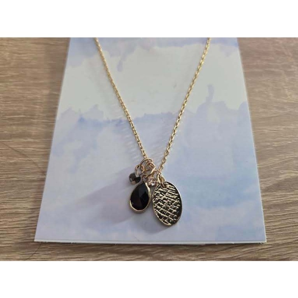 Inspired Life Gold Tone Cluster‎ Charm Necklace Black Teardrop Textured Oval